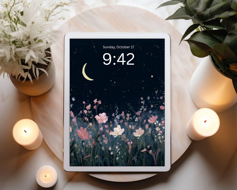 May include: A white tablet displays a floral wallpaper with a night sky, moon, and stars. The time is 9:42 on Sunday, October 17. The tablet rests on a wooden tray, surrounded by candles and plants in white vases.
