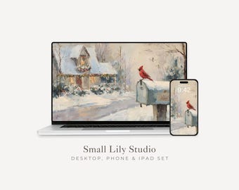Red Cardinal Desktop Wallpaper Set, Christmas Phone Wallpaper, Winter iPhone Wallpaper, Aesthetic iPad Background Vintage Style | WS155