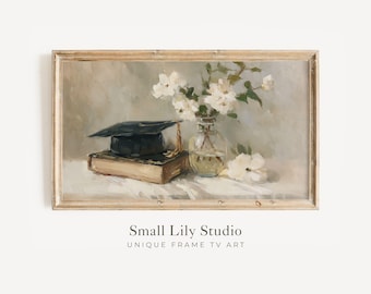 FRAME TV Art Graduation Cap with Book and Flowers, Samsung Frame TV Art for Graduate Celebration, Neutral Vintage Style Painting | TV1236