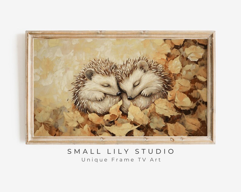 FRAME TV Art Hedgehog Couple Sleeping in Fall Leaves, Samsung Frame Tv