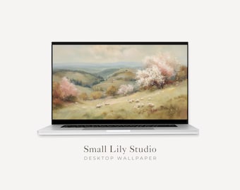 Fondo de pantalla de paisaje primaveral, fondo de pantalla de ovejas para Macbook, fondo de pantalla de árboles en flor rosa para portátil, pintura de estilo vintage / WD089