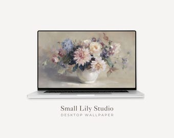 Pastel Flowers Desktop Wallpaper, Spring Floral Macbook Wallpaper, Aesthetic Laptop Background, Vintage Style Painting | WD219