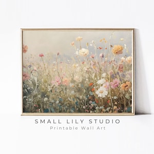 PRINTABLE Wildflowers Wall Art Pink Beige, Vintage style painting floral landscape print, Pretty nursery kids room girl print flowers | P083