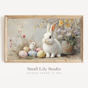FRAME TV art Bunnies and Easter Eggs, Cute Easter tv art, Samsung Frame tv art vintage painting style, Spring TV art white rabbits | TV712