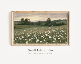 FRAME TV Art Moody Dark Countryside,  Samsung Frame TV Art White Wildflowers, Vintage Style Landscape Painting | TV1352