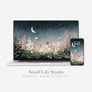 Night Garden Desktop Wallpaper Set, Dark Flowers Phone Wallpaper, Floral iPhone Wallpaper, Celestial iPad Background Moon Stars | WS013