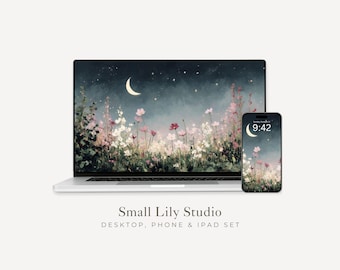 Nachtgarten Desktop Wallpaper Set, Dunkle Blumen Tapete, Florale iPhone Wallpaper, Celestial iPad Hintergrund Mond Sterne | WS013