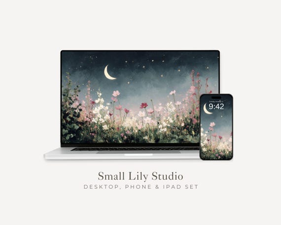 Night Garden Desktop Wallpaper Set, Dark Flowers Phone Wallpaper, Floral iPhone Wallpaper, Celestial iPad Background Moon Stars | WS013