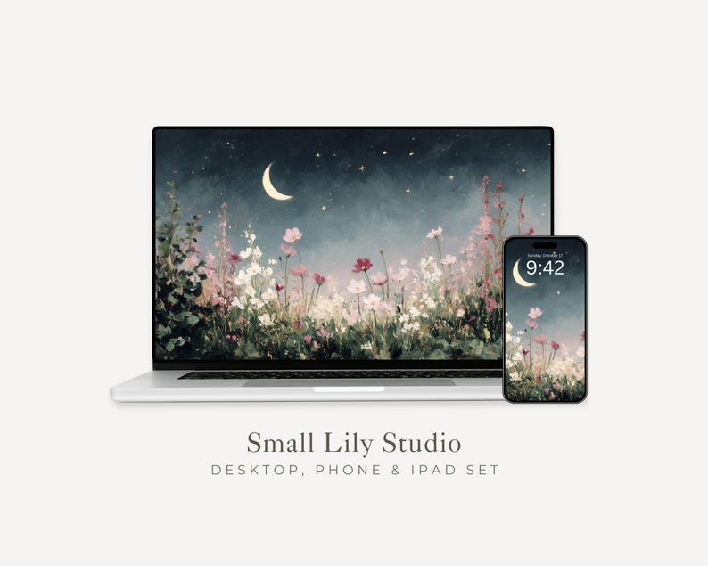Conjunto de fondos de pantalla para escritorio Jardín Nocturno, Fondo de pantalla para teléfono Flores Oscuras, Fondo de pantalla floral para iPhone, Fondo celestial para iPad Luna y estrellas / WS013 imagen 1