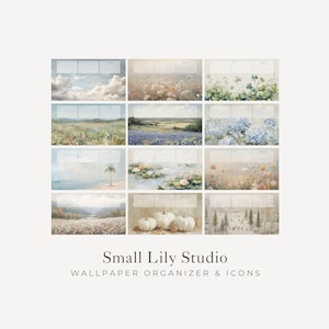May include: A collection of twelve digital desktop wallpaper organisers featuring various landscape scenes including clouds, floral fields, hydrangeas, a beach, water lilies, pumpkins, and a snowy forest. The text Small Lily Studio WALLPAPER ORGANIZER & ICONS appears below.