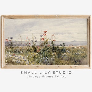 Samsung FRAME TV art Summer wildflower field by sea, Vintage Spring field of flowers tv art warm tone, Cottagecore tv art download | TV30