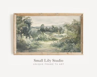 FRAME TV-kunst Groene en witte bloementuin, vintage stijl aquarel, lente Samsung Frame tv-kunst download salie olijfgroen | TV384