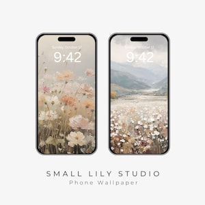 May include: Two smartphones displaying floral and landscape wallpapers. The left phone shows pastel flowers, while the right features a mountain and field scene. Both screens display the date and time. The text "SMALL LILY STUDIO Phone Wallpaper" is at the bottom.