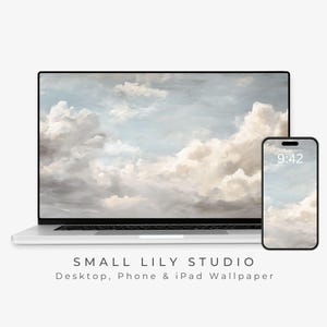 Sfondo desktop con nuvole sognanti, sfondo per telefono con cielo azzurro nuvoloso, sfondo rilassante per iPhone, sfondo estetico per iPad in stile vintage / WS021