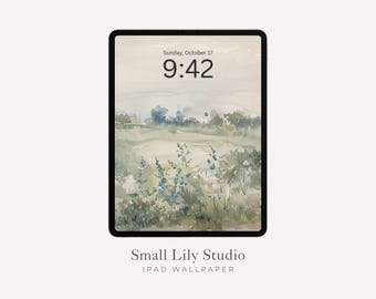 iPad-behang aquarel, saliegroen iPad-behang, bloemen landschap vintage stijl schilderij, esthetische tabletachtergrond | WT005