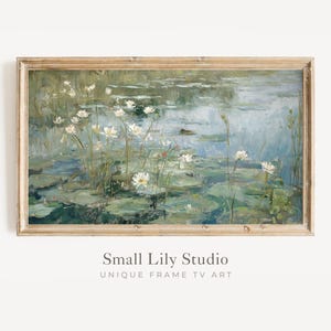 FRAME TV art Lily Pond, Summer Samsung Frame tv art blue green vintage style floral art, White flowers and waterlily frog artwork  | TV359