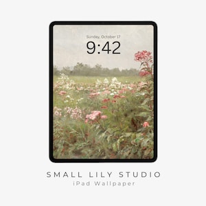 May include: iPad screen displaying a digital wallpaper with a vintage painting of a field of wildflowers in shades of pink, white, and green. The time is 9:42, and the date is Sunday, October 17. The text "SMALL LILY STUDIO iPad Wallpaper" is at the bottom.
