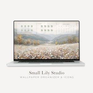 Organisateur de fonds d'écran de bureau Paysage de fleurs sauvages 2026-2027, calendrier et icônes pour Macbook, fond d'écran esthétique pour ordinateur portable Mac et PC | WO019
