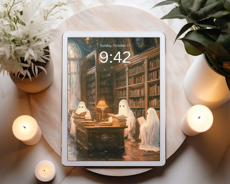 May include: A white tablet displays a spooky library scene with ghost figures reading books. The time is 9:42 on Sunday, October 17. The tablet is surrounded by lit candles, a white vase, and a potted plant on a marble surface.