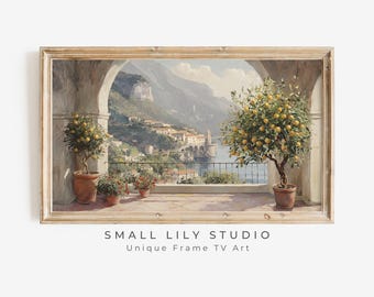 FRAME TV art Letni włoski taras i drzewo cytrynowe, Samsung Frame tv art Wybrzeże Amalfi Włochy, Malarstwo krajobrazowe w stylu vintage | TV349