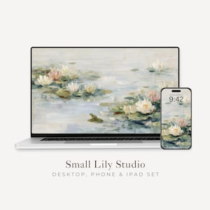 May include: A laptop and smartphone display a serene watercolor painting of lily pads and flowers in soft pinks, whites, and greens. The smartphone screen shows the time as 9:42. The text "Small Lily Studio" is below the devices.