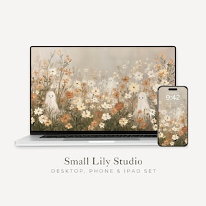 Conjunto de fondos de pantalla de fantasmas entre flores silvestres, fondo de pantalla de Halloween para teléfono, fondo de pantalla floral de otoño para iPhone, fondo de pantalla bonito para iPad estilo vintage / WS257