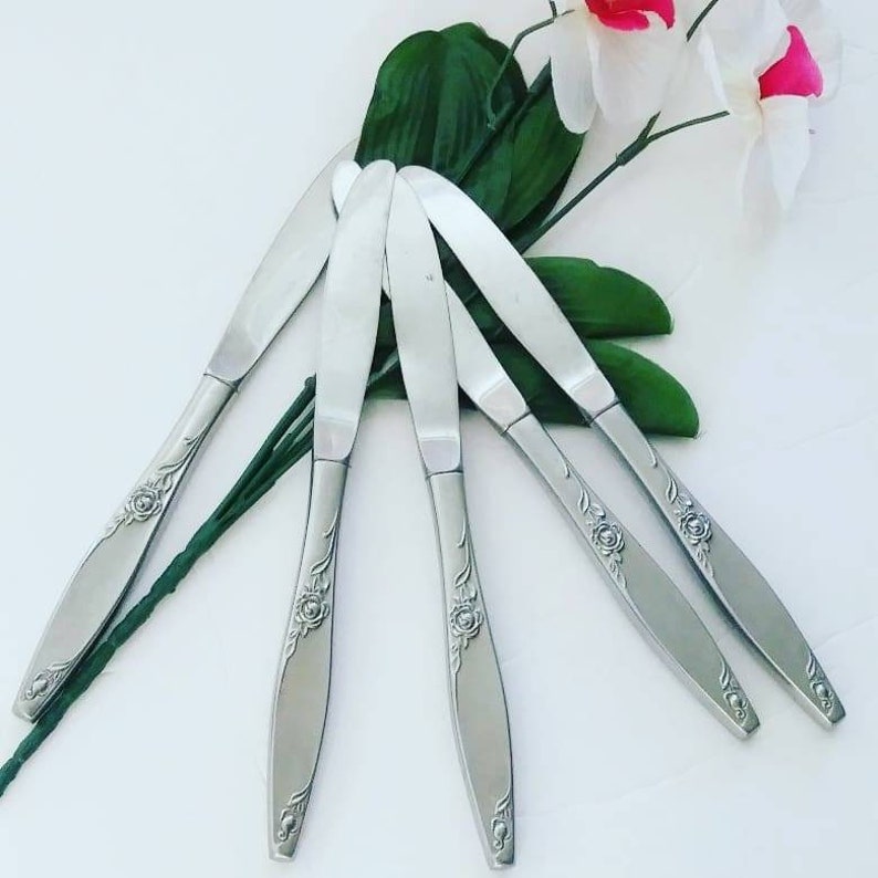 Vintage Rose Handle Butter Knives. Stainless Steel Silverware. image 0
