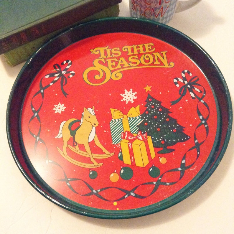 Vintage Tis the Season Metal Drink Tray Mid Century Holiday image 0