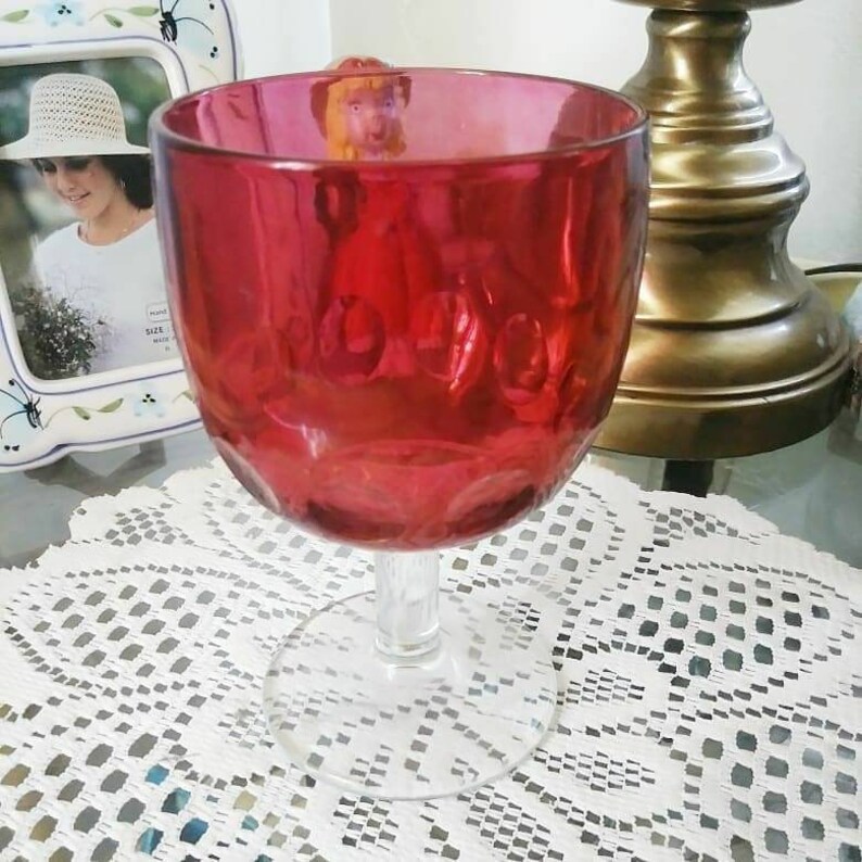 Vintage Bartlett Collins Cranberry Thumbprint Goblets Pair of image 0