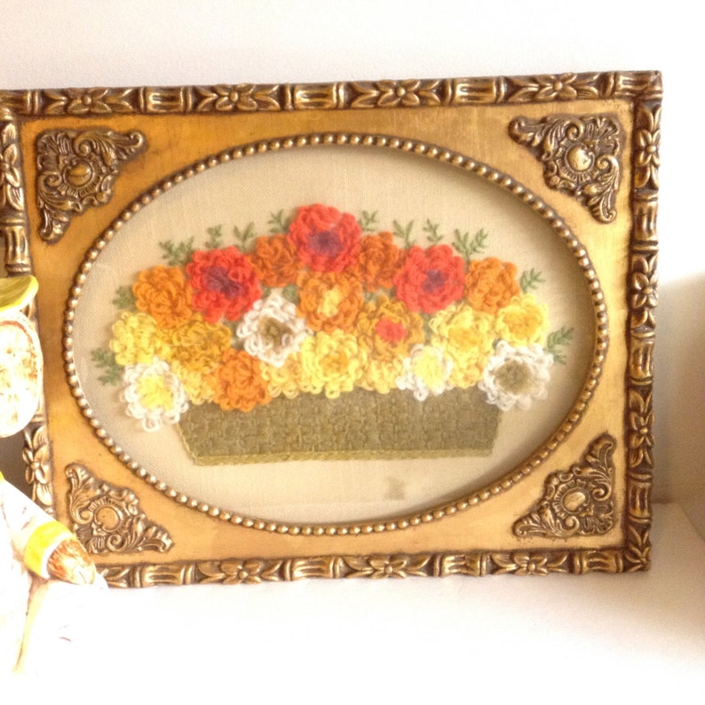 Orange and Yellow Framed CREWEL. Vintage Bamboo Picture Frame. image 0