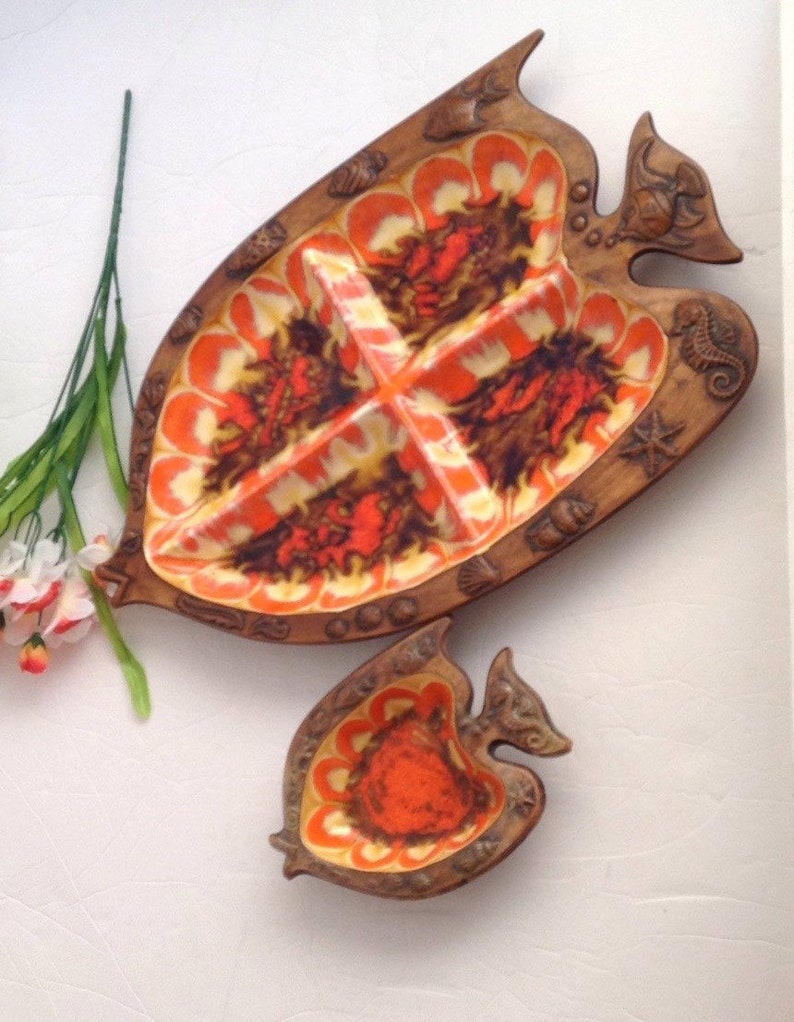 Vintage Treasure Craft Fish Dishes Orange Serveware Nautical image 0