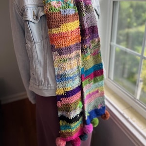 Painter&#39;s Palette Colored Remnant Crochet Scarf Hand-spun Yarns Ribbons and Soft 68 inches Long