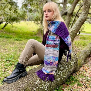 Strolling Handmade Scarf Hand-spun yarn Deep Purple Soft and Cozy Handmade Crochet 67 inches Long