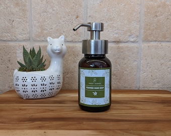 Amber Glass Foaming Soap Bottle with Silver Metal Pump, 8 oz
