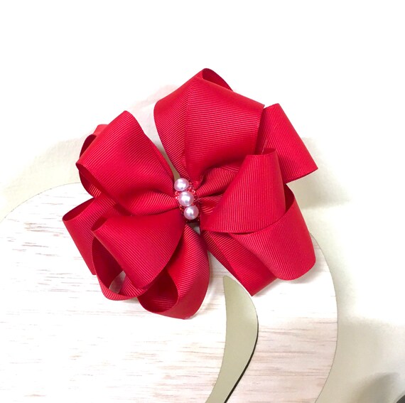 Glamour Bow - 1.5” Red Grosgrain Ribbon, Quadruple Bow Hair  display picture 2