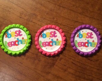 Handmade Best Teacher BottleCap Magnets, Set of 3
