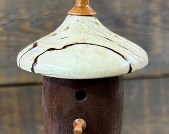 Black Walnut and spalted green ash birdhouse ornament.