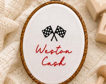 Personalized embroidered name hoop, Baby announcement sign, Custom embroidered name sign, Nursery wall decor, Checkered flag name sign