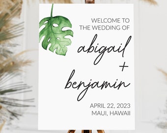 Letrero de bienvenida de boda personalizado en acrílico / Diseño de hoja de palmera tropical