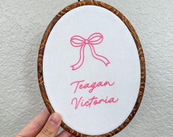 Personalized Embroidered Name Hoop, Custom Baby Name Sign, Nursery Wall Decor, Baby Announcement Sign, Pink Bow Nursery Decor