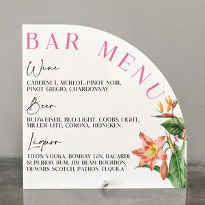 Letrero acrílico con menú de bar en el jardín, Letrero floral para bar, Letrero personalizado para bar en el jardín, Letrero tropical para bar, Menú de bar con flores, Letrero acrílico personalizado para bar