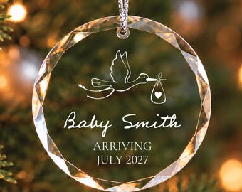 Personalized Glass Pregnancy & Birth Announcement Ornament with Stork and Due Date