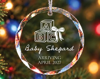 Personalized Glass Pregnancy & Birth Announcement Ornament with Baby Blocks and Due Date