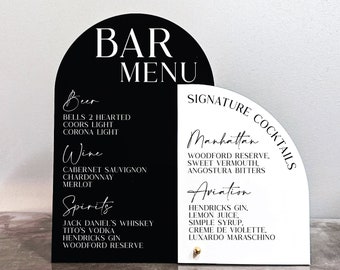 May include: Black and white bar menu sign with a rounded arch shape. The left side lists beer, wine, and spirits with options for each. The right side lists signature cocktails with the options Manhattan and Aviation.
