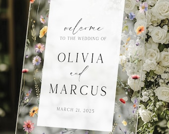 Letrero acrílico de boda con flores silvestres, Letrero de bienvenida personalizado, Letrero floral para bodas, Letrero de boda de primavera, Letrero de boda con flores, Letrero de flores silvestres