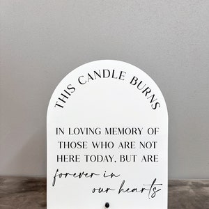 May include: White sign with a black arch shape at the top. The text on the sign reads "THIS CANDLE BURNS IN LOVING MEMORY OF THOSE WHO ARE NOT HERE TODAY, BUT ARE forever in our hearts".