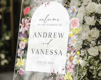 Letrero acrílico de boda con flores silvestres, Letrero de bienvenida personalizado, Letrero floral para bodas, Letrero de boda de primavera, Letrero de boda con flores, Letrero de flores silvestres