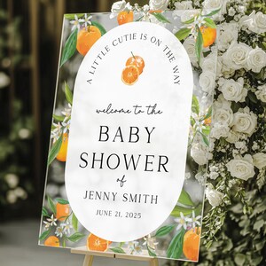 Orange baby shower acrylic welcome sign, Orange baby shower decor, A little cutie is on the way baby shower, Baby shower welcome sign