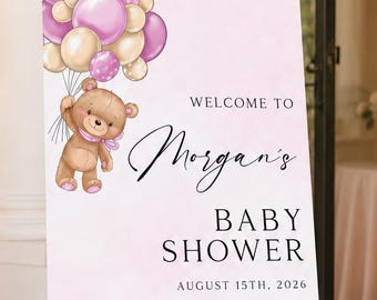 Pink teddy bear baby shower sign, Bear baby shower acrylic welcome sign, Pink balloon bear baby shower, Baby girl shower sign