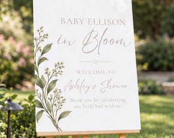 Baby in Bloom Acrylic Baby Shower Welcome Sign, Personalized Floral Sign, Neutral Greenery Baby Shower Decor, Garden Baby Shower